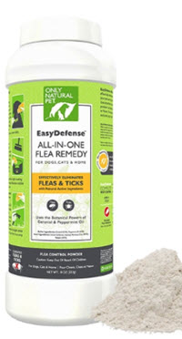 Natural flea powder featuring peppermint & geraniol that safely eliminates fleas from your pets and home. Completely non-toxic and chemical-free.Avalable from www.carolesdoggieworld.com.